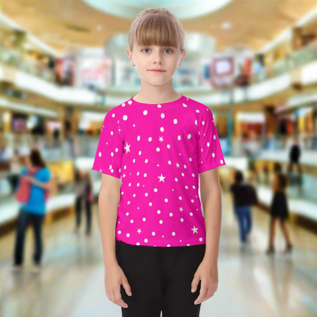 New Hot Pink Girls Polka Dot & Star Dot  Kid's Raglan Sleeve T-shirt