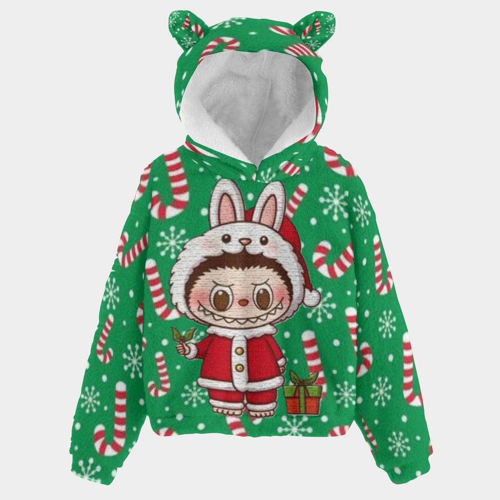 Christmas Labubu Kid’s Borg Fleece Hoodie With Ears