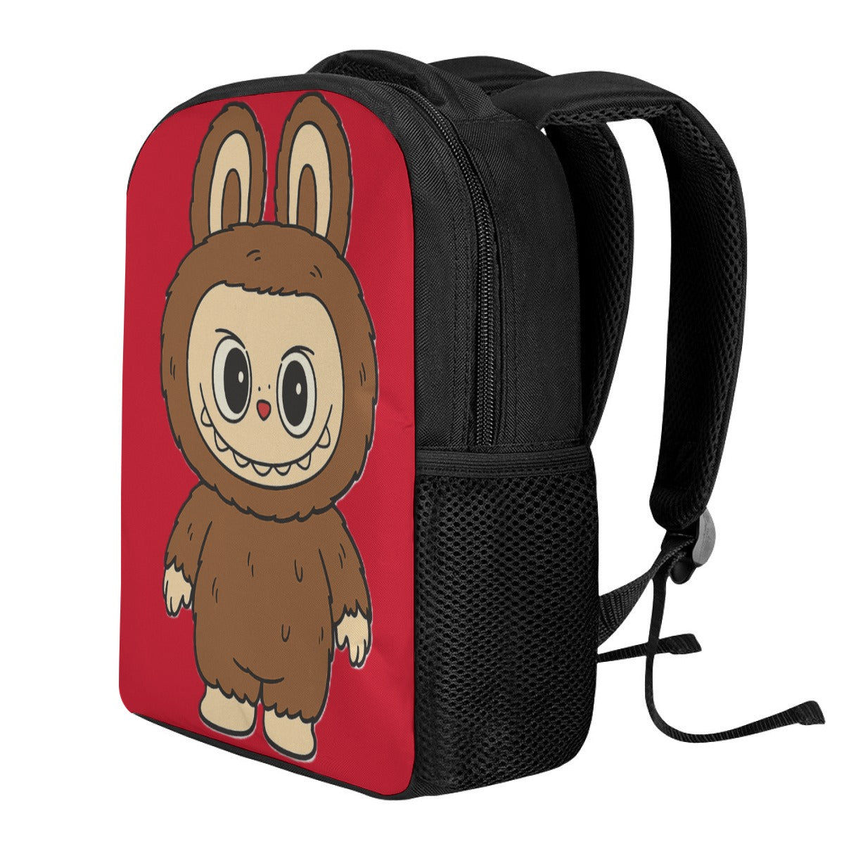 Black backpack with a cartoon character in a brown bunny costume on a red background