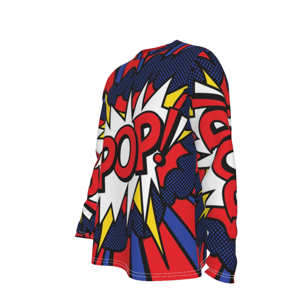 Long-sleeve shirt with comic book-style design featuring the word 'POP!' on a white background.