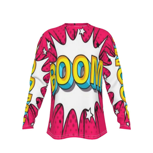 Long-sleeve shirt with 'BOOM' graphic design on a white background