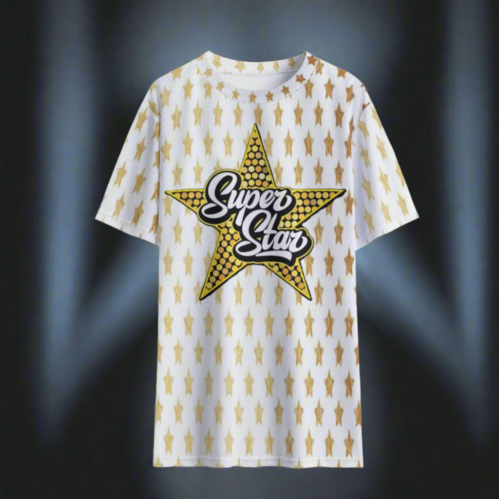 White t-shirt with gold star pattern and 'Super Star' text on a white background