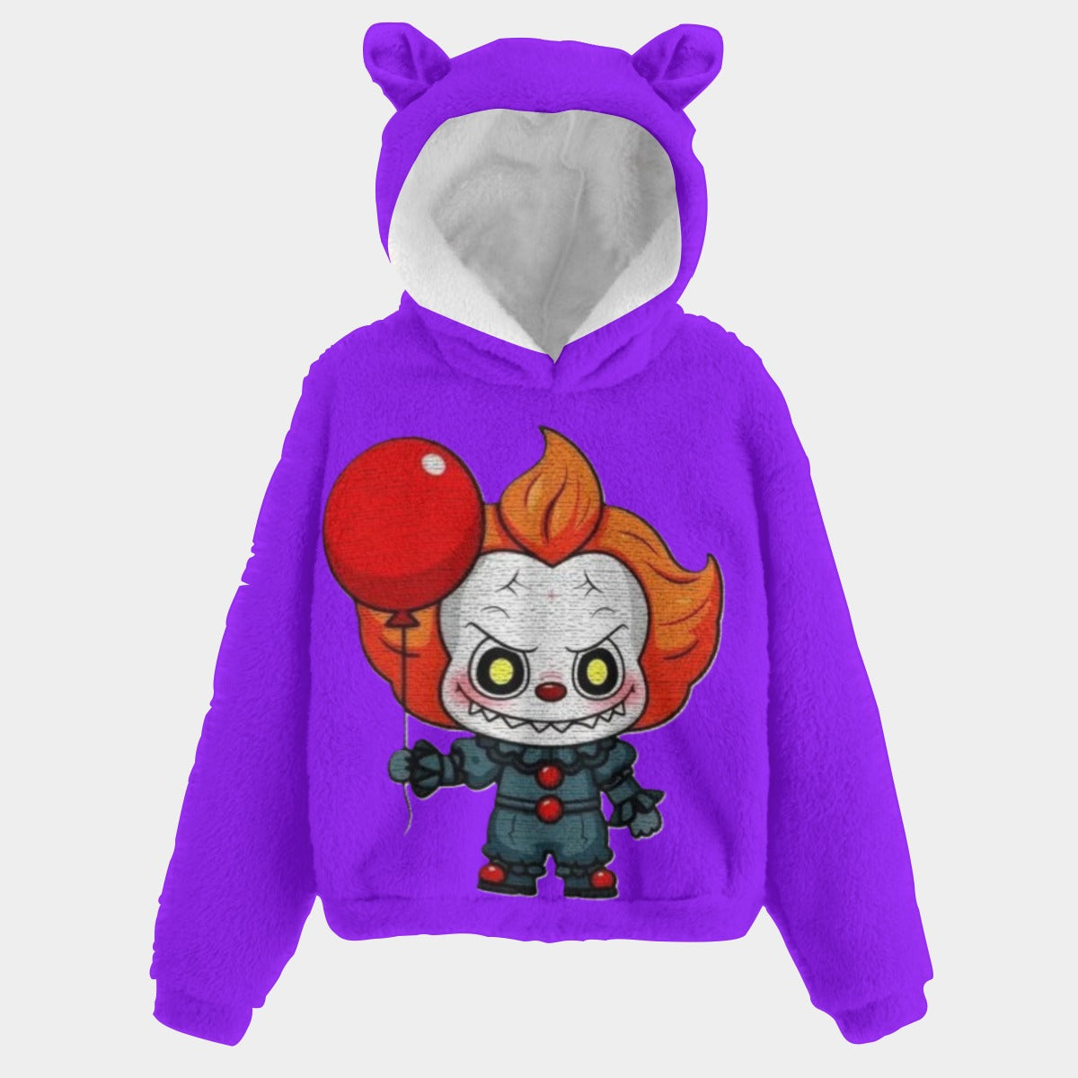 Purple hoodie with a cartoon character design on a white background