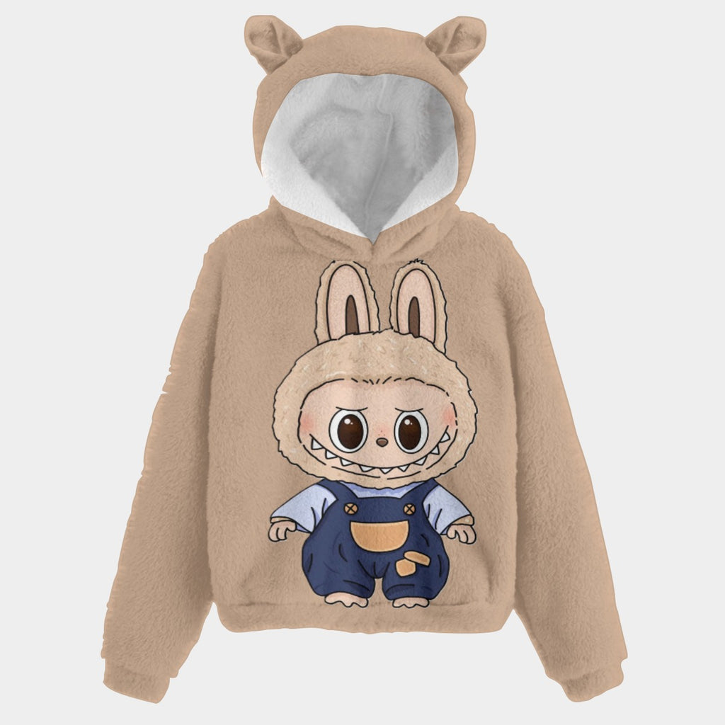 Beige hoodie with cartoon character design on a light gray background