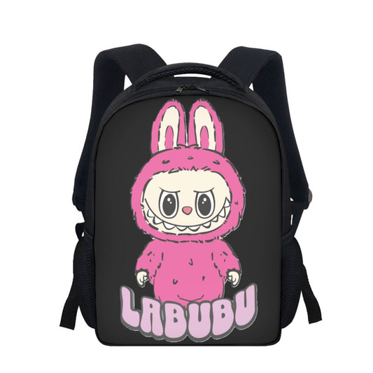 Black backpack with a pink character and 'LABUBU' text on a white background
