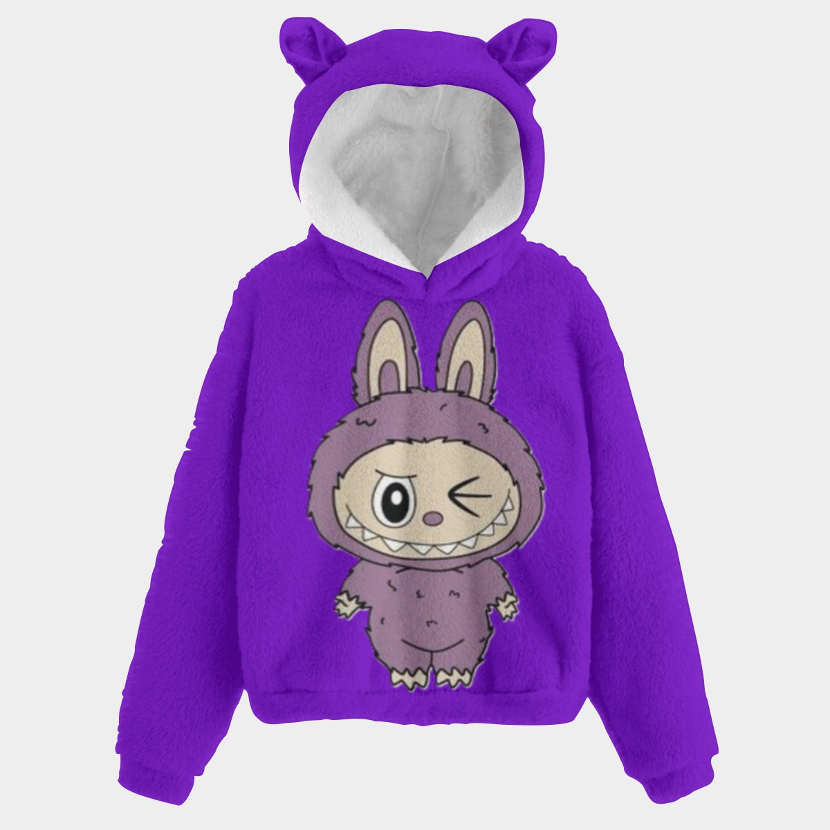 Purple hoodie with cartoon character on a light gray background