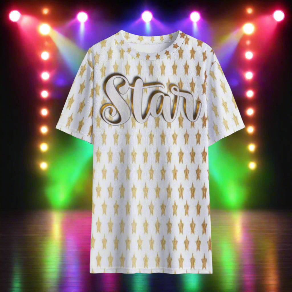 White t-shirt with gold star pattern and 'Star' text on a white background