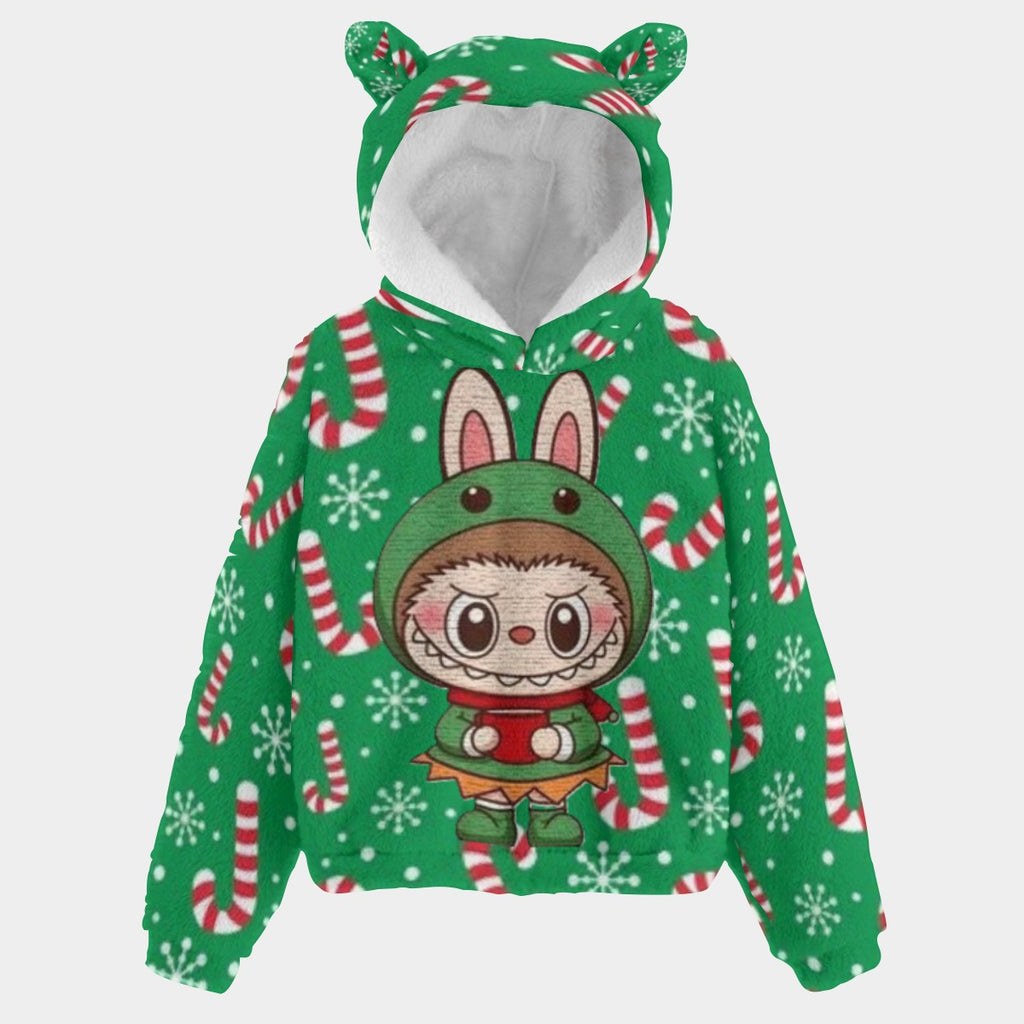Green hoodie with cartoon character and candy cane pattern on a white background