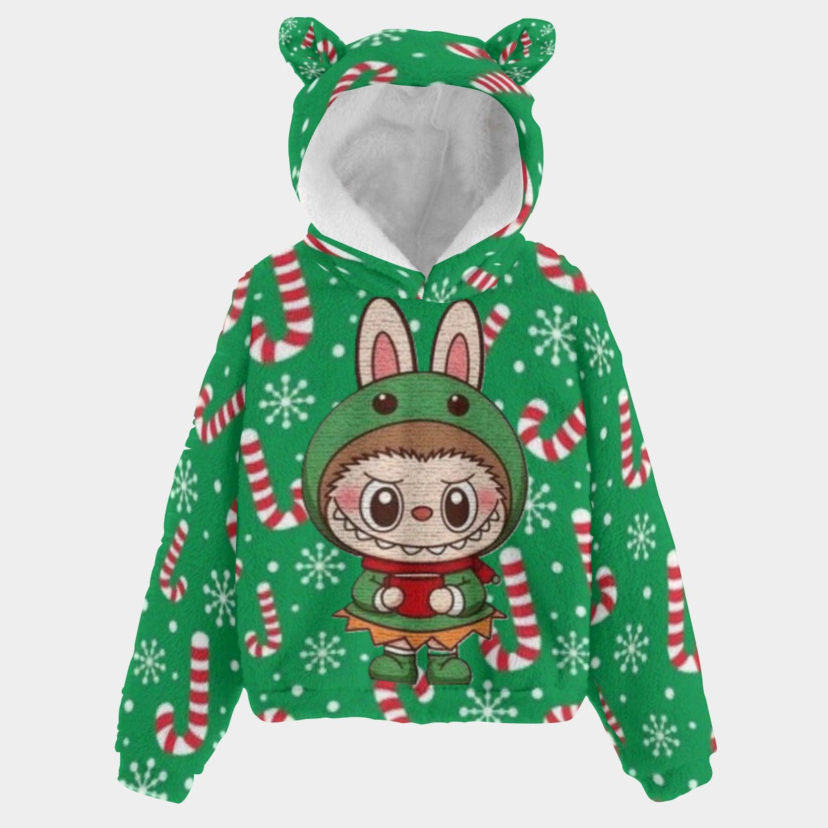 Green hoodie with cartoon character and candy cane pattern on a white background