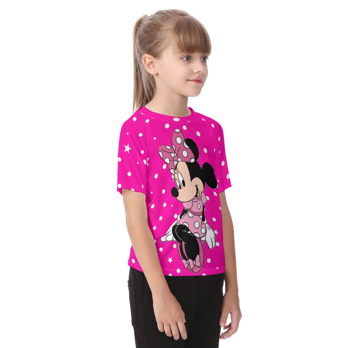 New Hot Pink White Polka & Star Dot Minnie Kid's Raglan Sleeve T-shirt