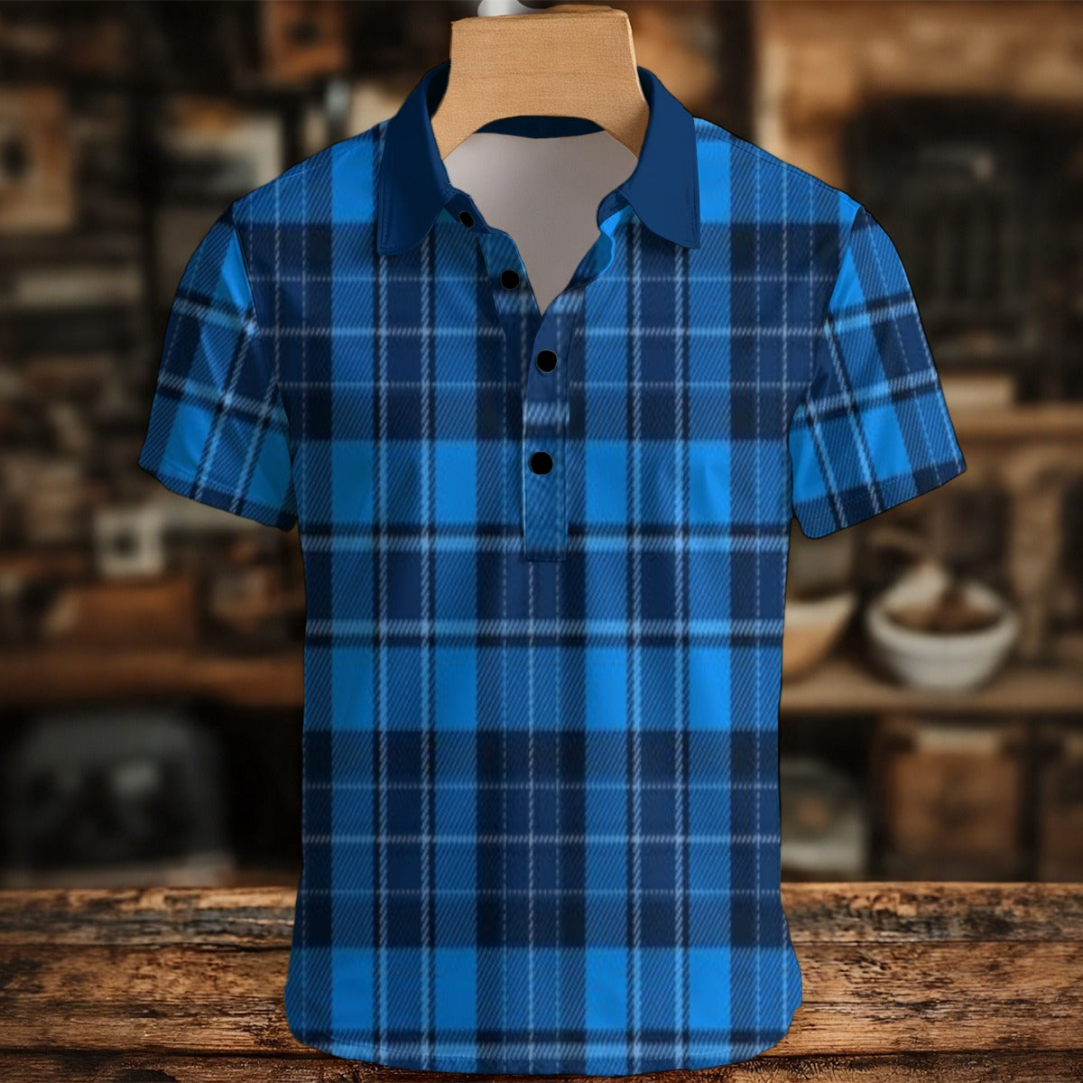 Blue plaid shirt on a wooden hanger with a blurred background