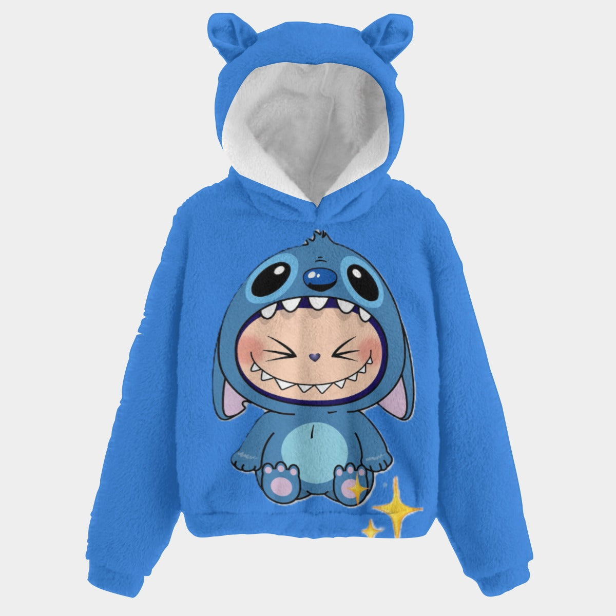 Blue hoodie with cartoon character on a light gray background
