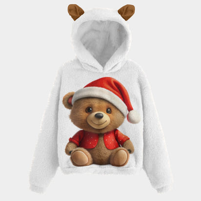 Santa's Teddy Bear Helper White Kid’s Borg Fleece Hoodie With Ears