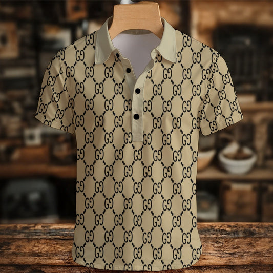 Beige shirt with black pattern on a wooden hanger against a blurred background