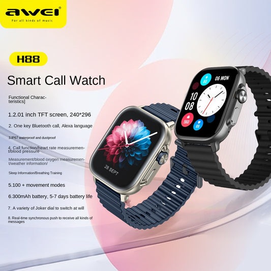 Weiwei Smart Call Watch H88 Blood Pressure Blood Oxygen Heart Rate Monitoring IP67 Sports Watch Alexa Cross-border
