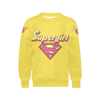 SUPER GIRL PRINT DESIGN YOUNG GIRL'S SWEATERS- Girls Super Girl Print Crew Neck Sweater