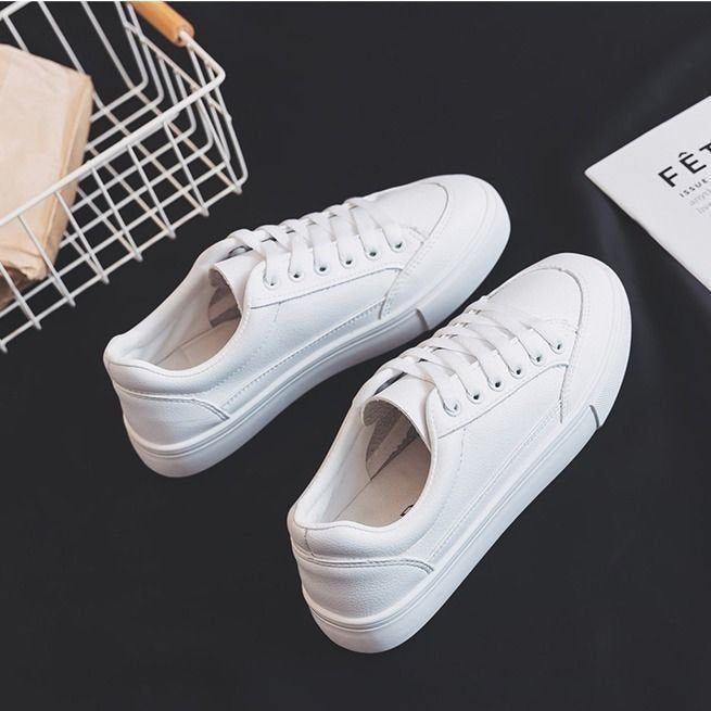 Shop KSC's Comfort Kicks Solid Color all white Women's New Leather Casual Shoes lace-up low top flat women's foot wear
