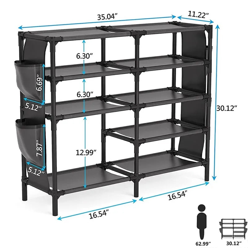 Shoe Rack With Pockets, 5-Tier Shoe Boots Organizer Freestanding Shoe