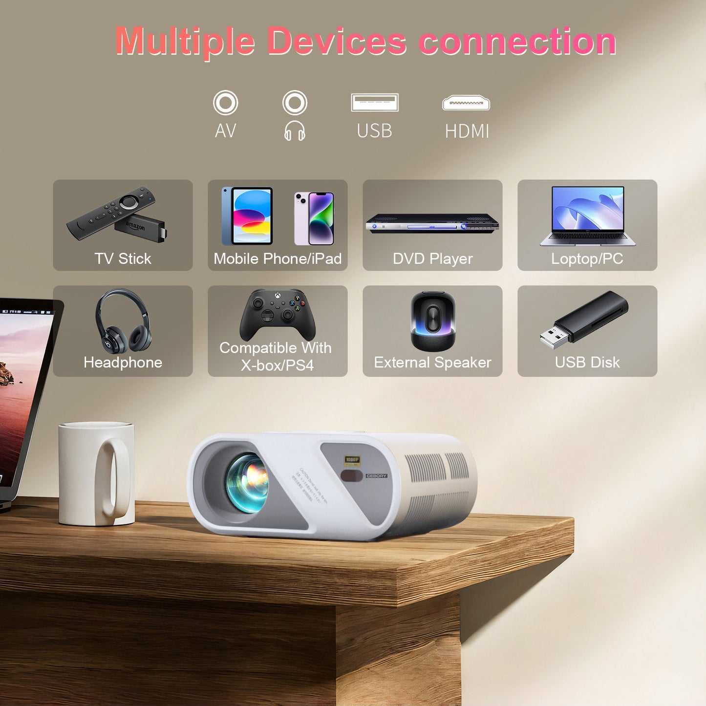 AWESOME PROJECTOR -Projector, Full HD 1080P Video Projector With Tripod, Portable Mini Outdoor Movie Projector For iPhone, Home Theater Projector Compatible With HDMI/USB/AV/Smartphone/TV Stick/Laptop