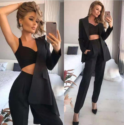 New solid color medium length loose suit trousers all vest three-piece set