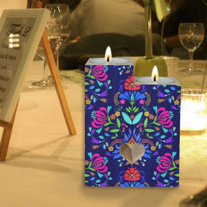 BLUE FLORAL DESIGN Wooden Candle Holder (Without Candle)