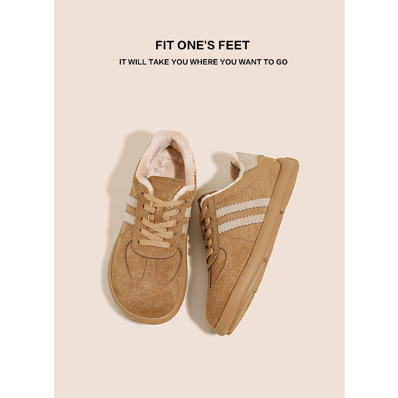 Real soft leather German training shoes women's new autumn retro flat casual shoes plus velvet all white shoes sports women's shoes