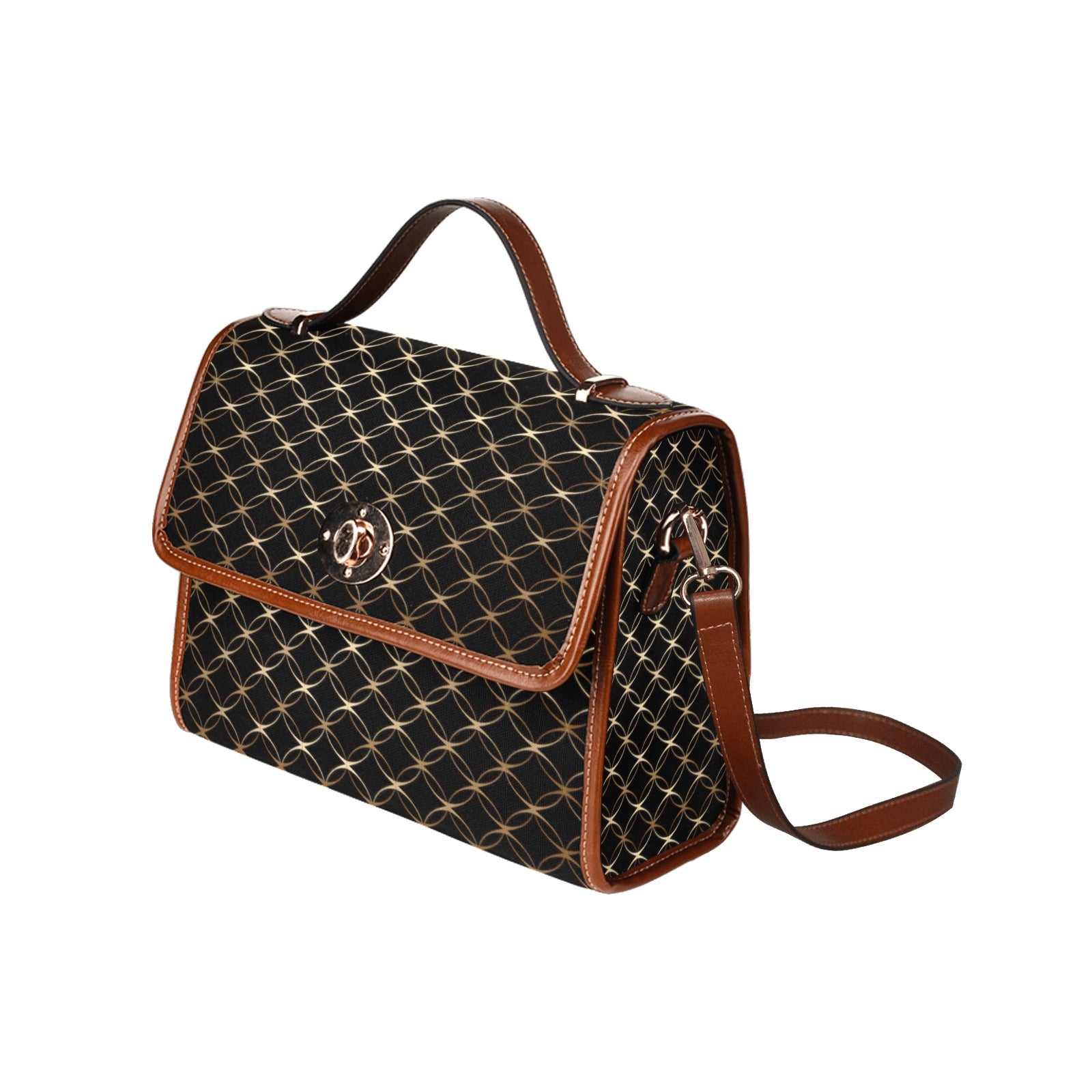 Shopksc.com Exclusive Black with Gold Ring Links Geometric Pattern Designs Handbag Fashion 