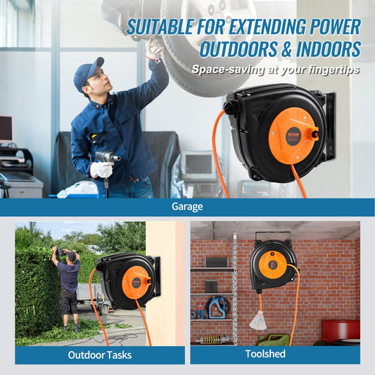 VEVOR Retractable Extension Cord Reel, 30 FT, Heavy Duty 16AWG/3C SJTOW Power Cord, with Lighted Triple Tap Outlet 10 Amp Circuit Breaker, for Ceiling or Wall Mount Garage and Shop, ETL Listed