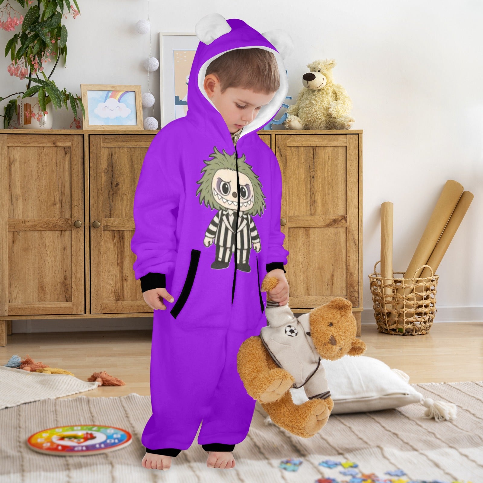 KSC's Halloween Purple Beetle J Labubu Little Kid Unisex Onesie (2 to 7 Years) Hooded Onesie Pajamas For Little Kids