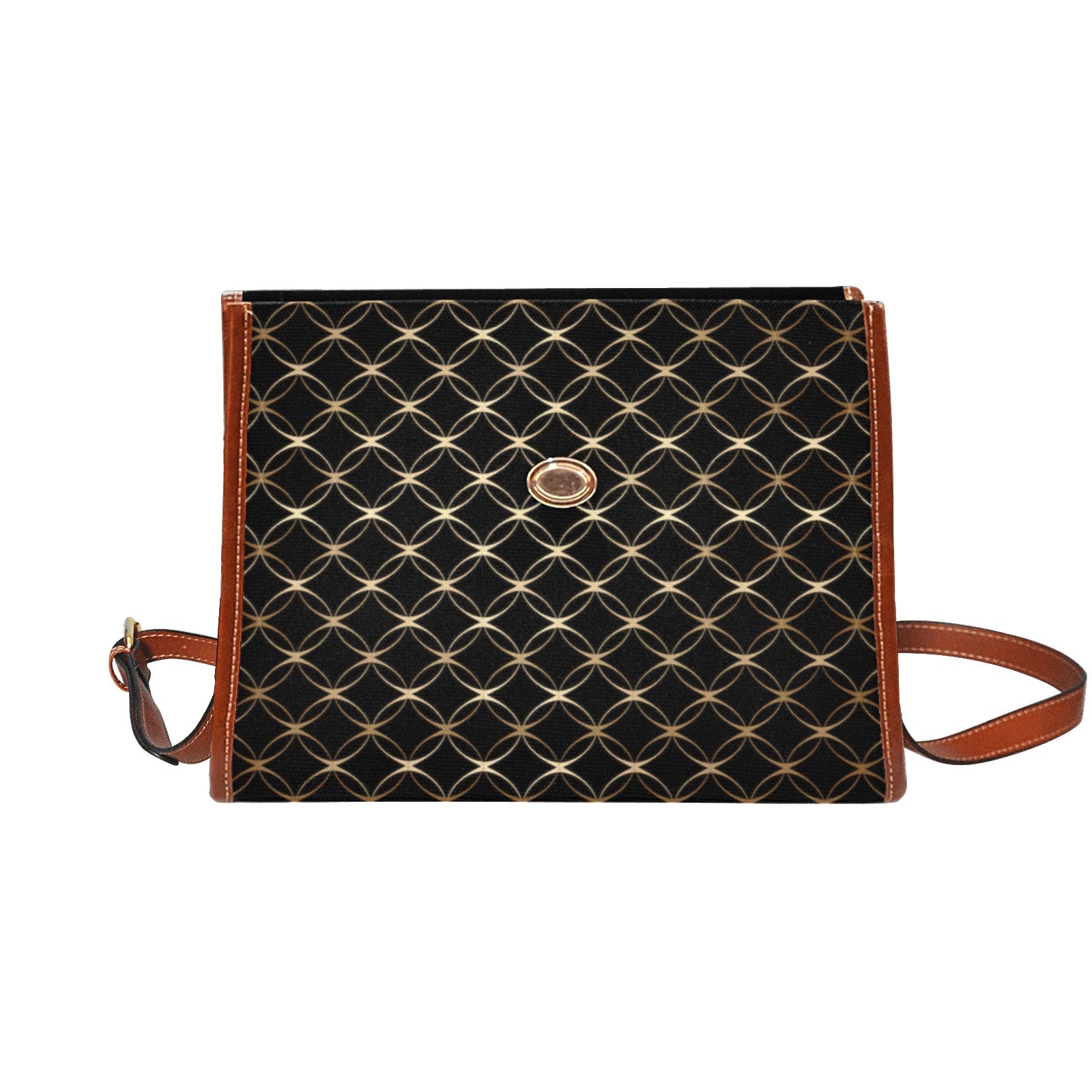 Shopksc.com Exclusive Black with Gold Ring Links Geometric Pattern Designs Handbag Fashion 