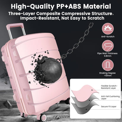 Luggage Sets with Spinner Wheels (20/24/28 Inch), PP+ABS Suitcase Sets