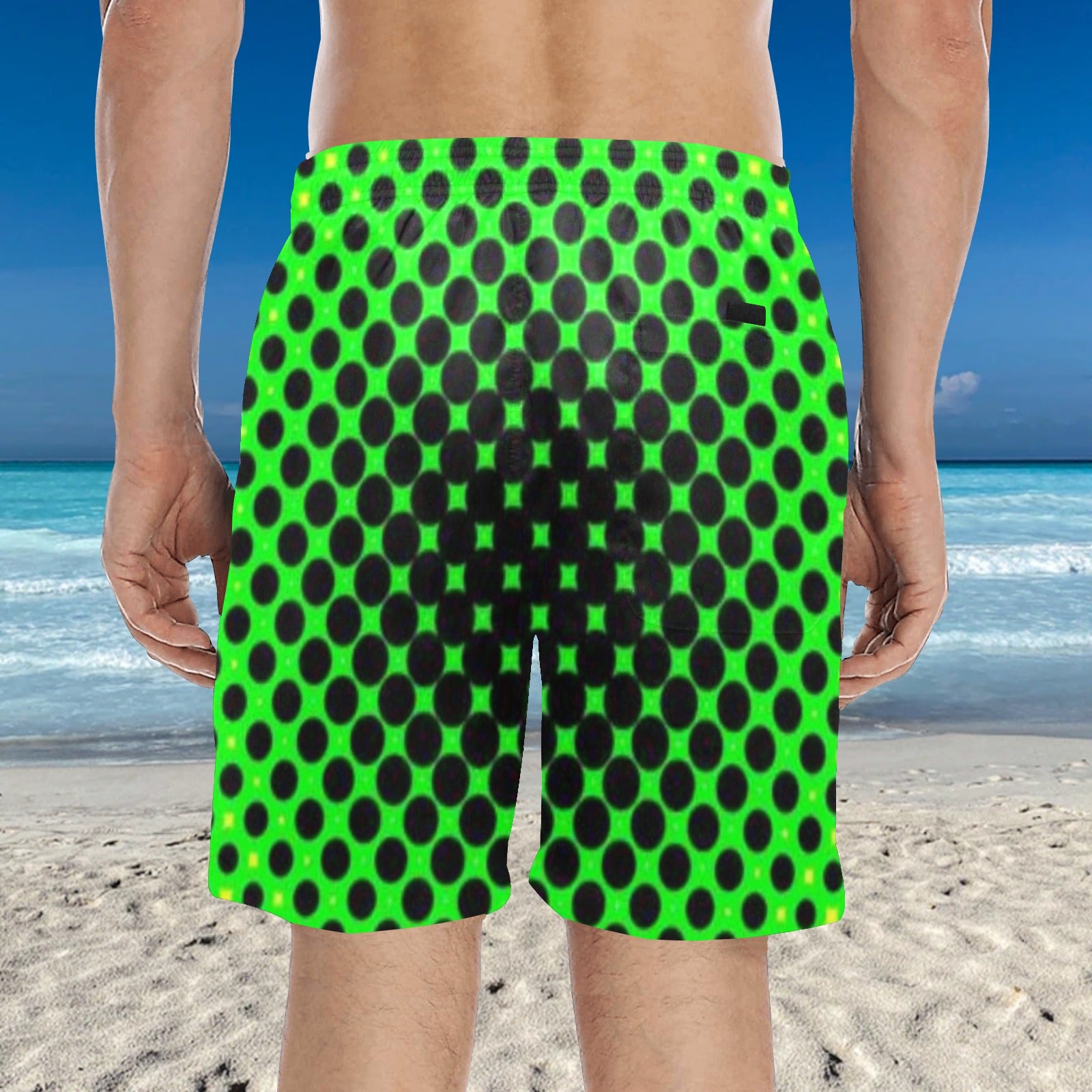 KSC's Custom Design Men's Lime Green Black Dot Mid-Length Beach Shorts
