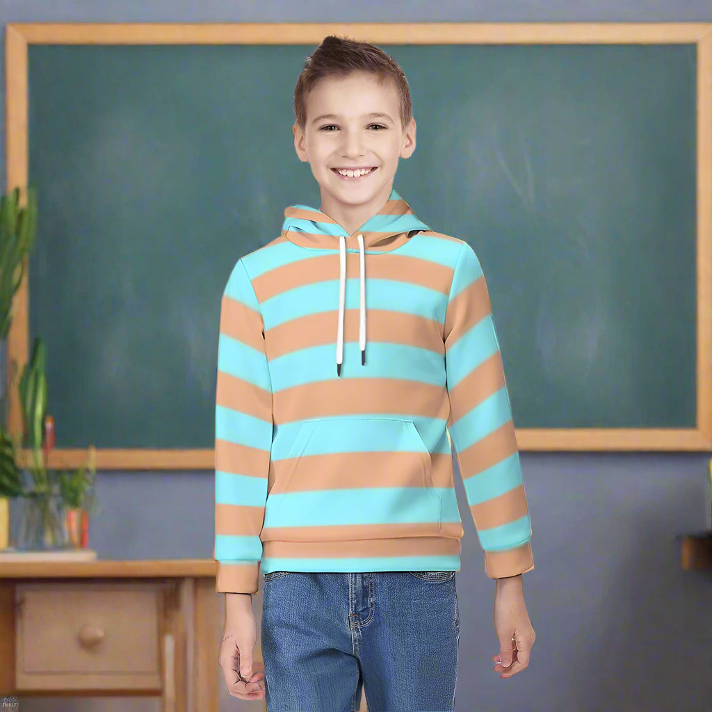 Child wearing a striped hoodie in front of a chalkboard