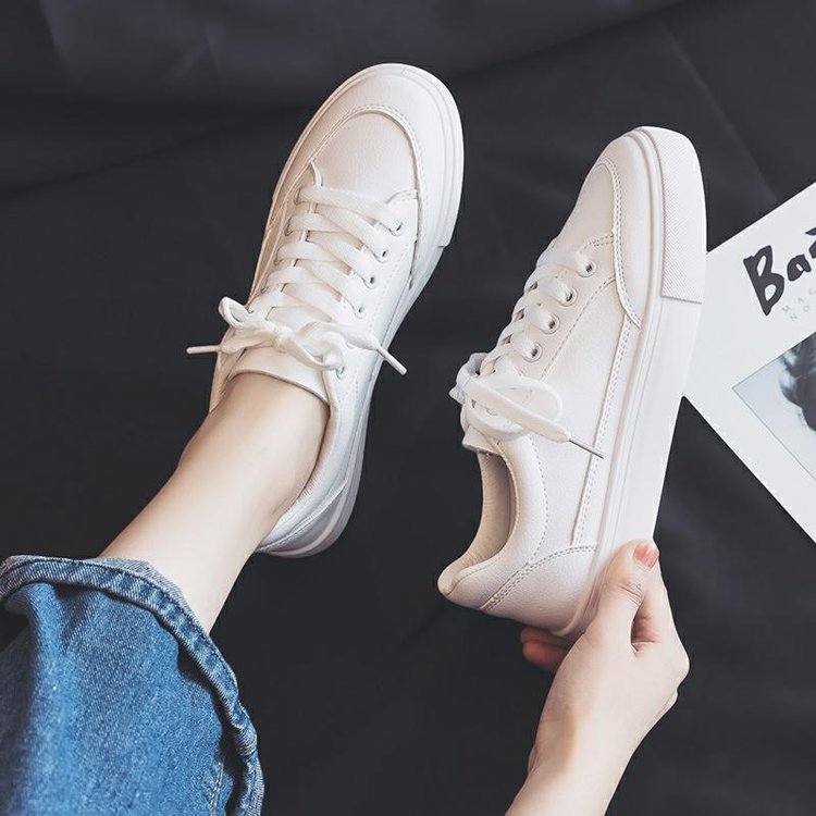 Shop KSC's Comfort Kicks Solid Color all white Women's New Leather Casual Shoes lace-up low top flat women's foot wear