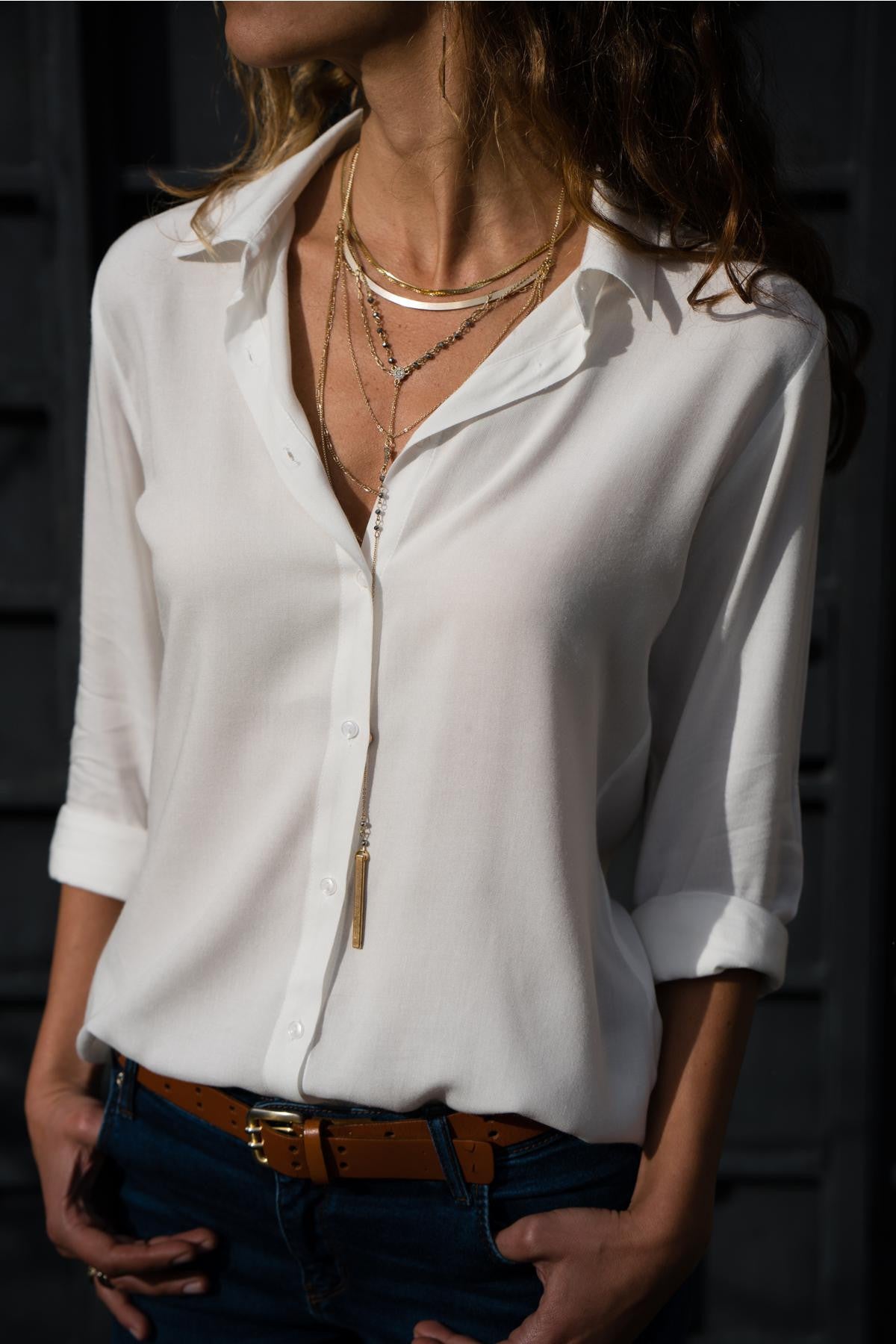 Womens Casual Long Sleeve Deep V Button Chiffon Shirt