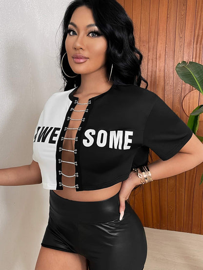 New women's Fashion Letter Cardigan T-shirt selling round neck color chain shirt