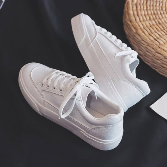 Shop KSC's Comfort Kicks Solid Color all white Women's New Leather Casual Shoes lace-up low top flat women's foot wear
