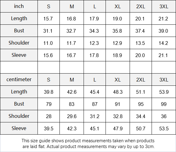 Size guide chart for clothing measurements in inches and centimeters.
