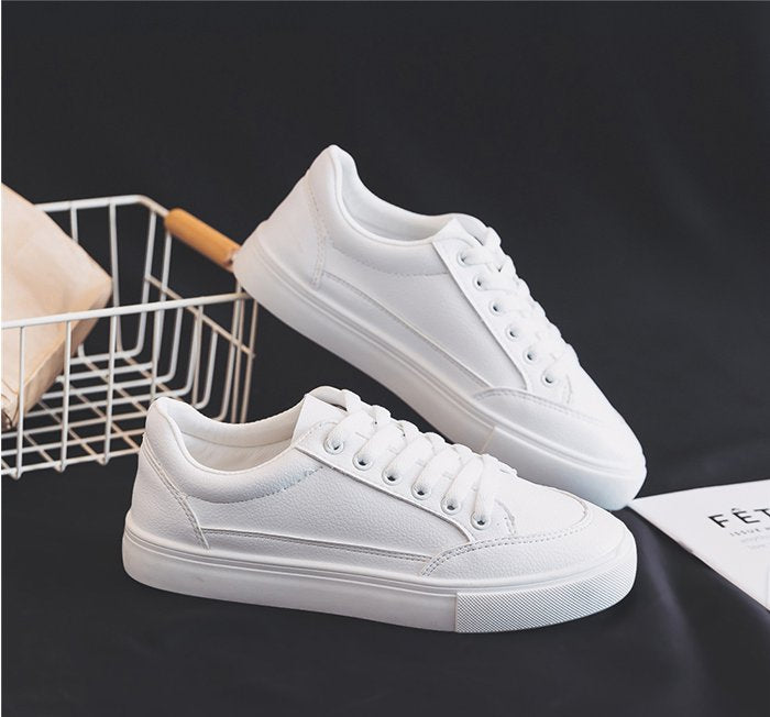 Shop KSC's Comfort Kicks Solid Color all white Women's New Leather Casual Shoes lace-up low top flat women's foot wear