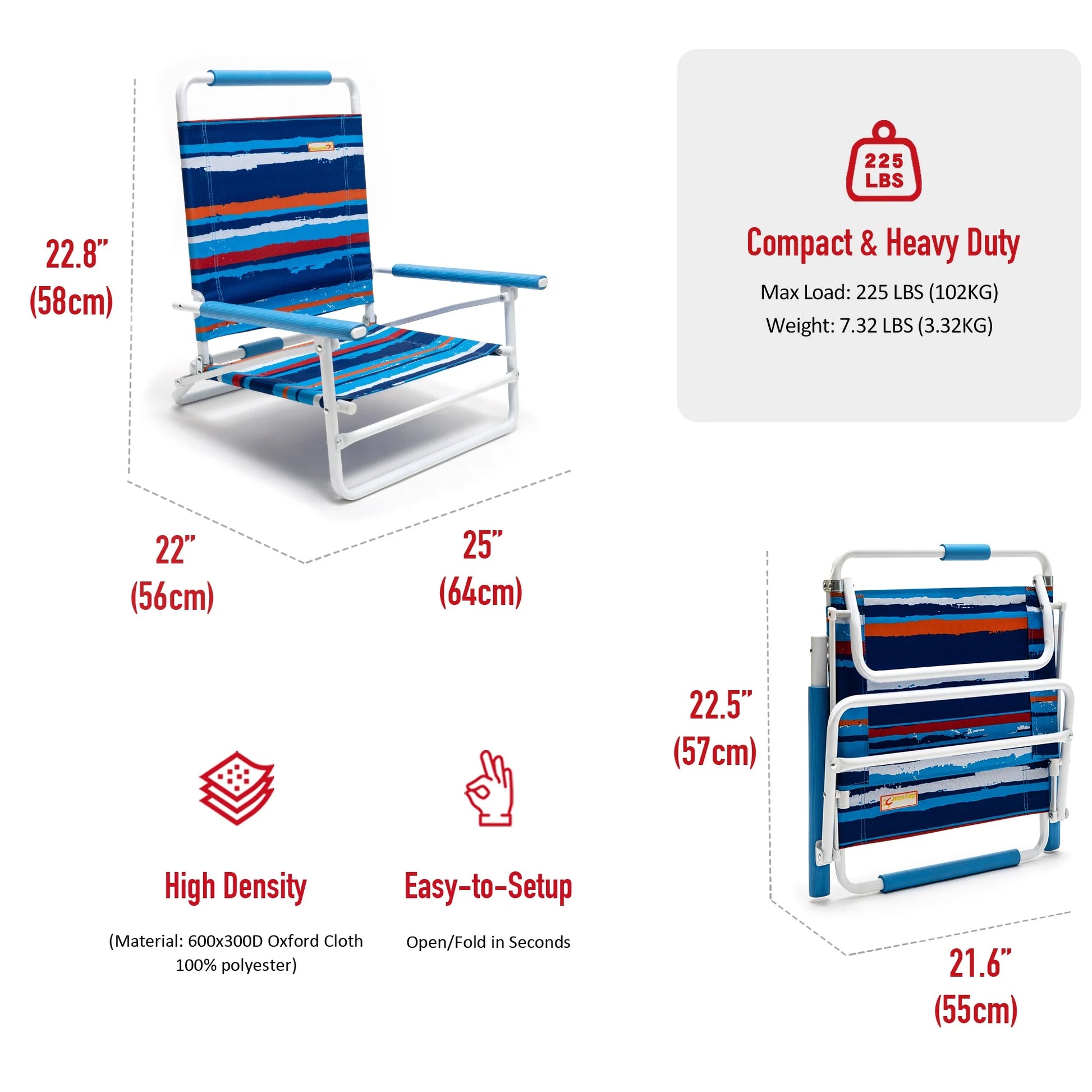 SunnyFeel Blue Strip Color Low Folding Beach Chair,1 Position Lightweight and Portable Outdoor Camping Chair Heavy Duty 300 LBS