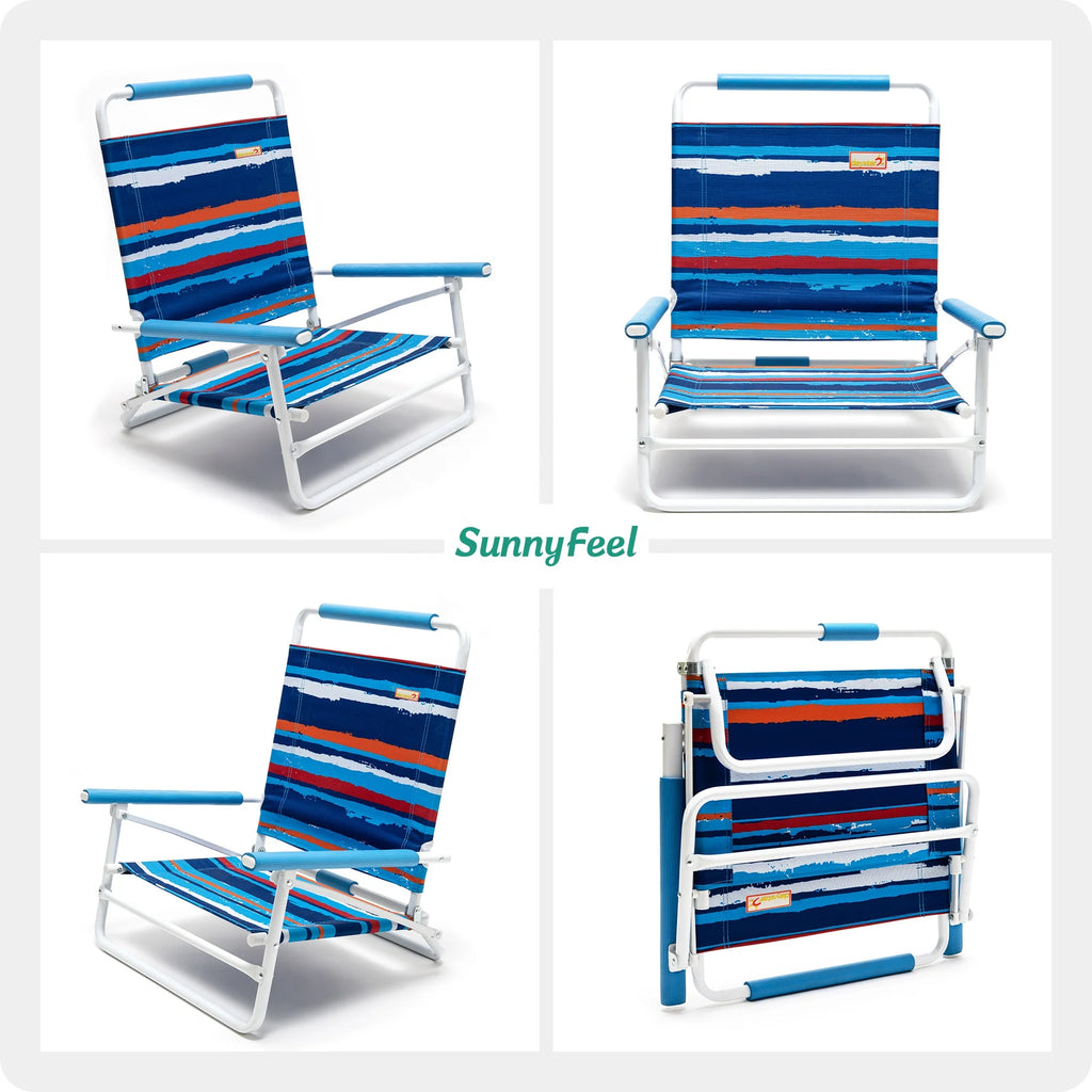 SunnyFeel Blue Strip Color Low Folding Beach Chair,1 Position Lightweight and Portable Outdoor Camping Chair Heavy Duty 300 LBS