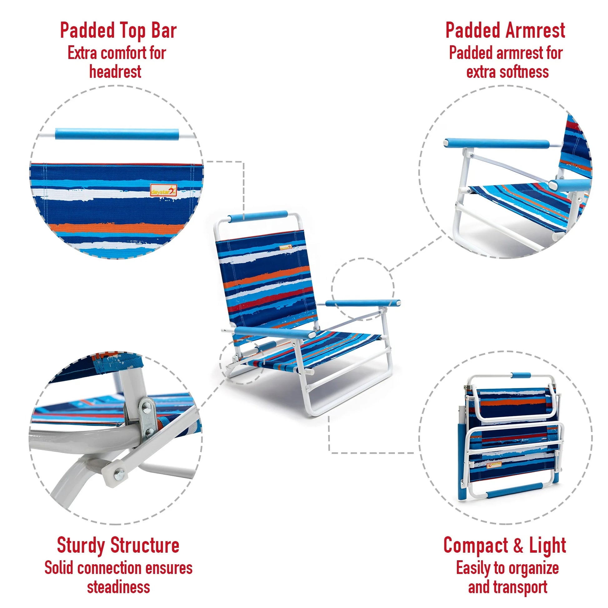 SunnyFeel Blue Strip Color Low Folding Beach Chair,1 Position Lightweight and Portable Outdoor Camping Chair Heavy Duty 300 LBS