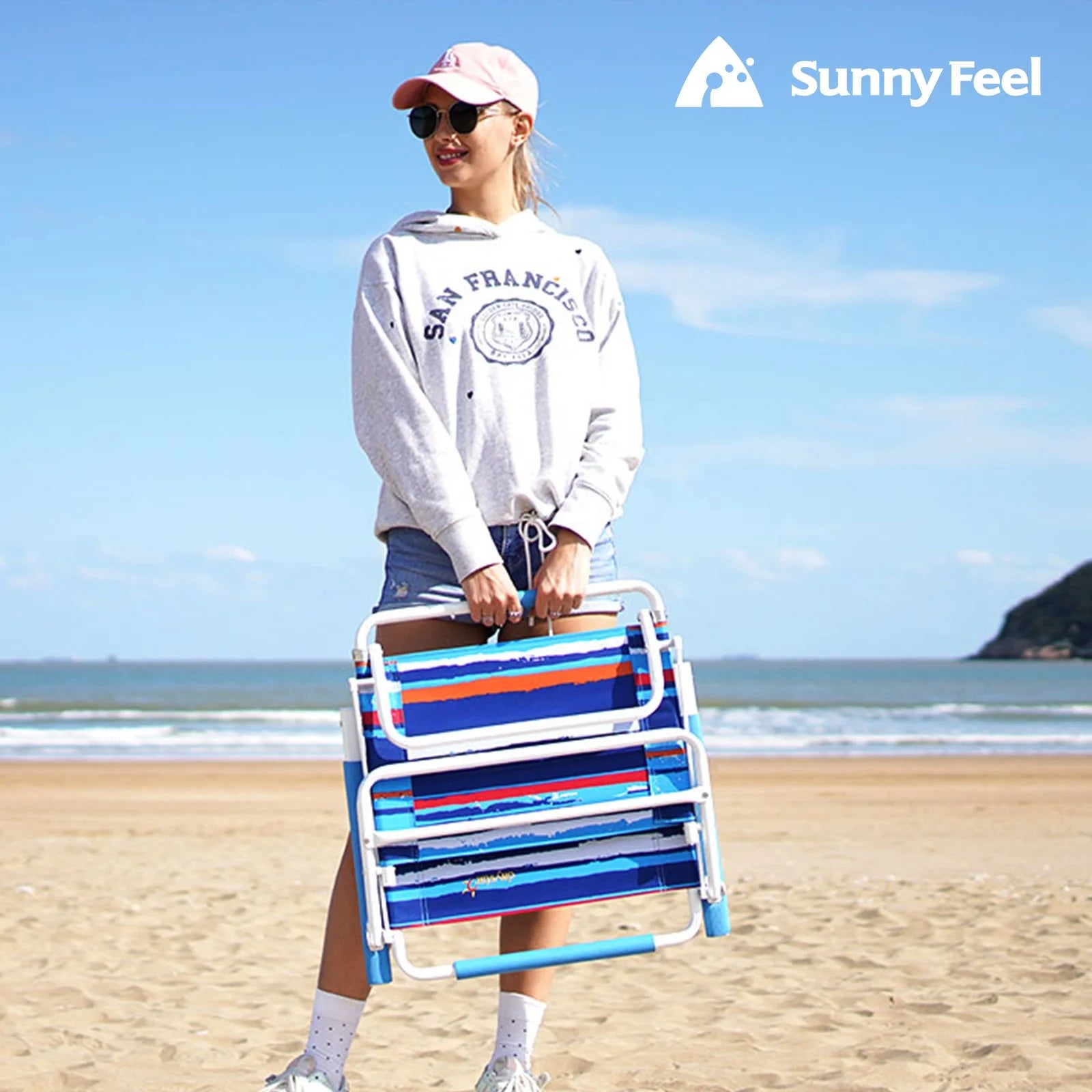 SunnyFeel Blue Strip Color Low Folding Beach Chair,1 Position Lightweight and Portable Outdoor Camping Chair Heavy Duty 300 LBS
