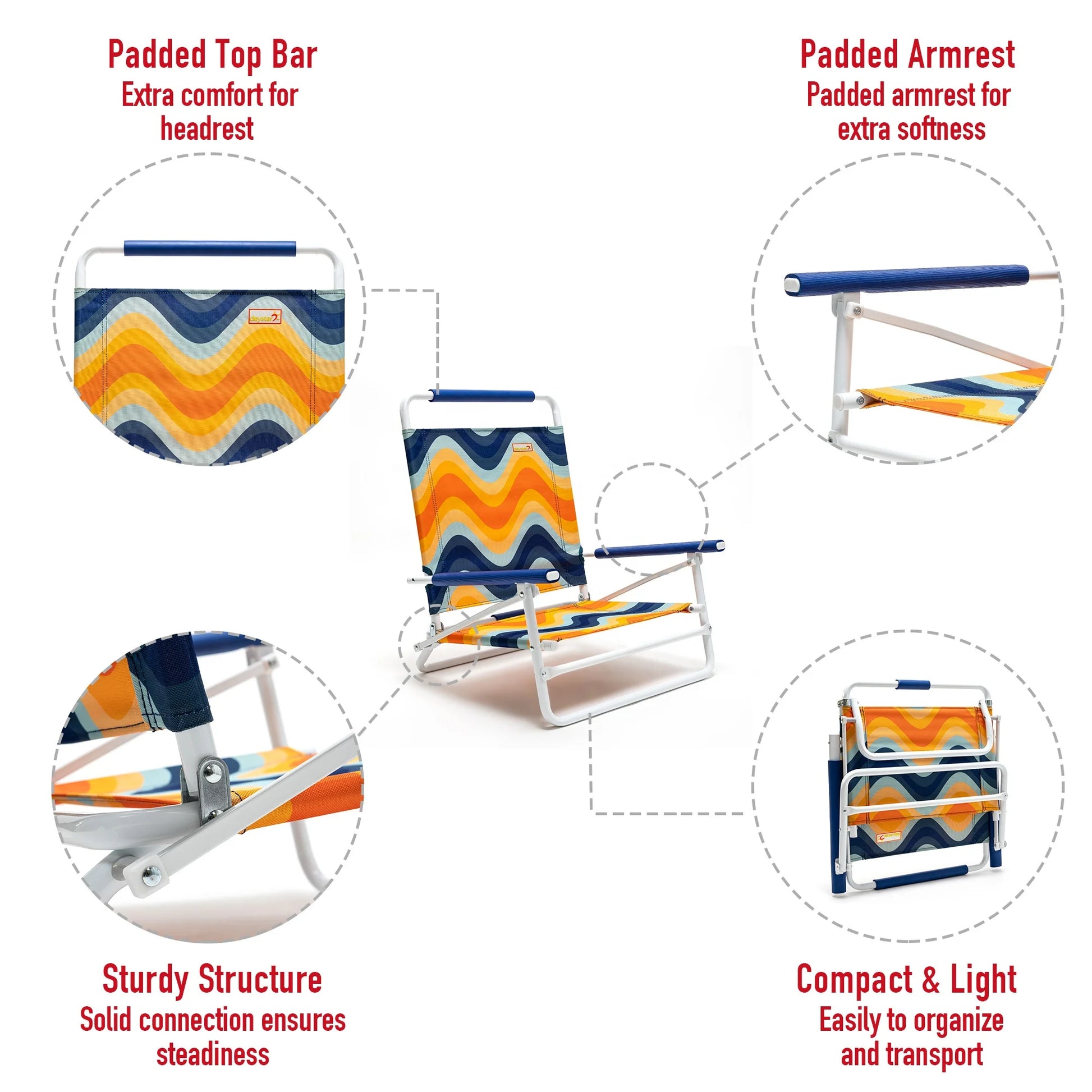 SunnyFeel Orange Wave Color Low Folding Beach Chair,1 Position Lightweight and Portable Outdoor Camping Chair Heavy Duty 300 LBS