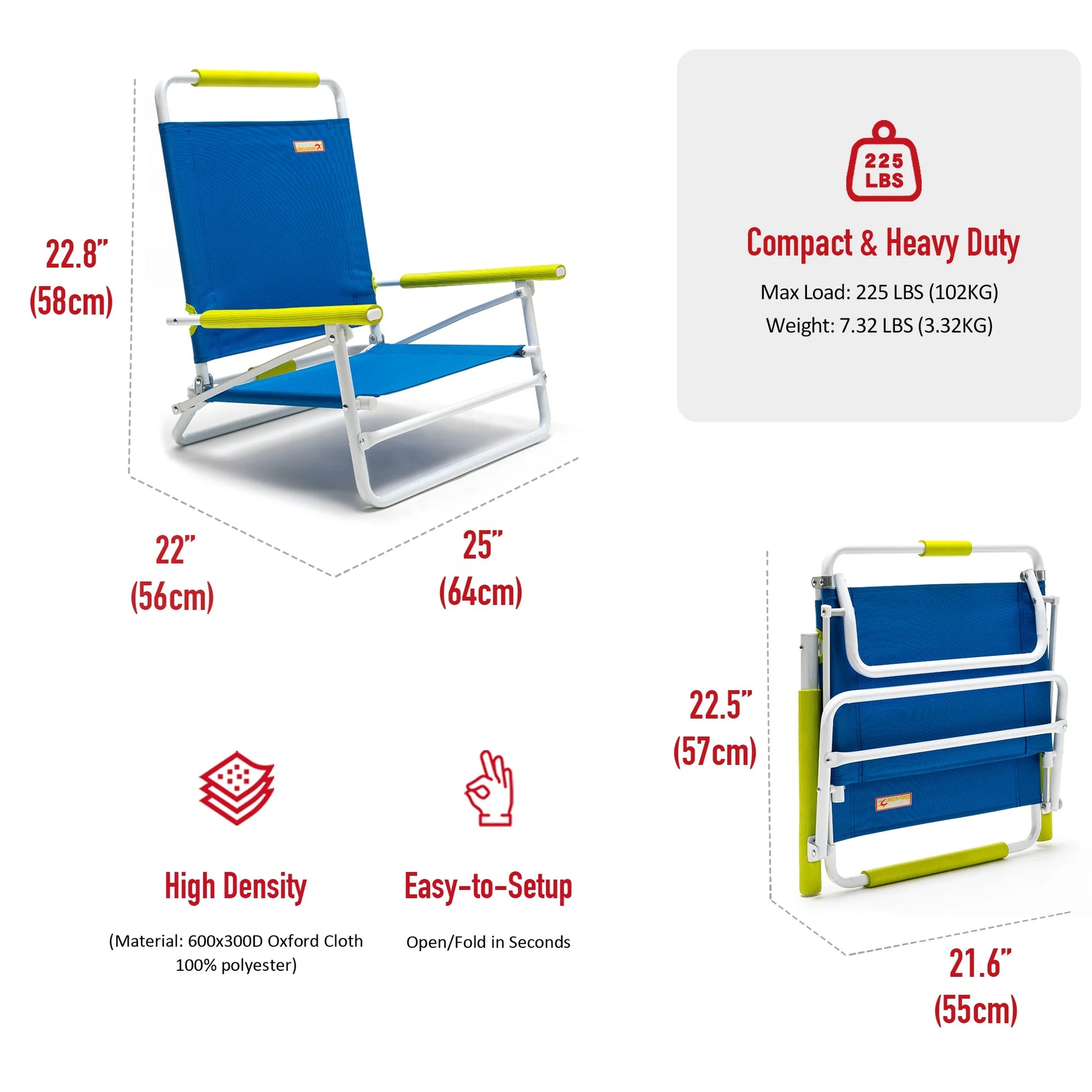 SunnyFeel Blue Color Low Folding Beach Chair,1 Position Lightweight and Portable Outdoor Camping Chair Heavy Duty 300 LBS