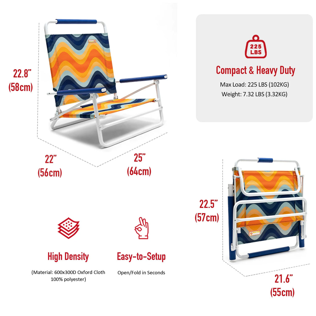 SunnyFeel Orange Wave Color Low Folding Beach Chair,1 Position Lightweight and Portable Outdoor Camping Chair Heavy Duty 300 LBS