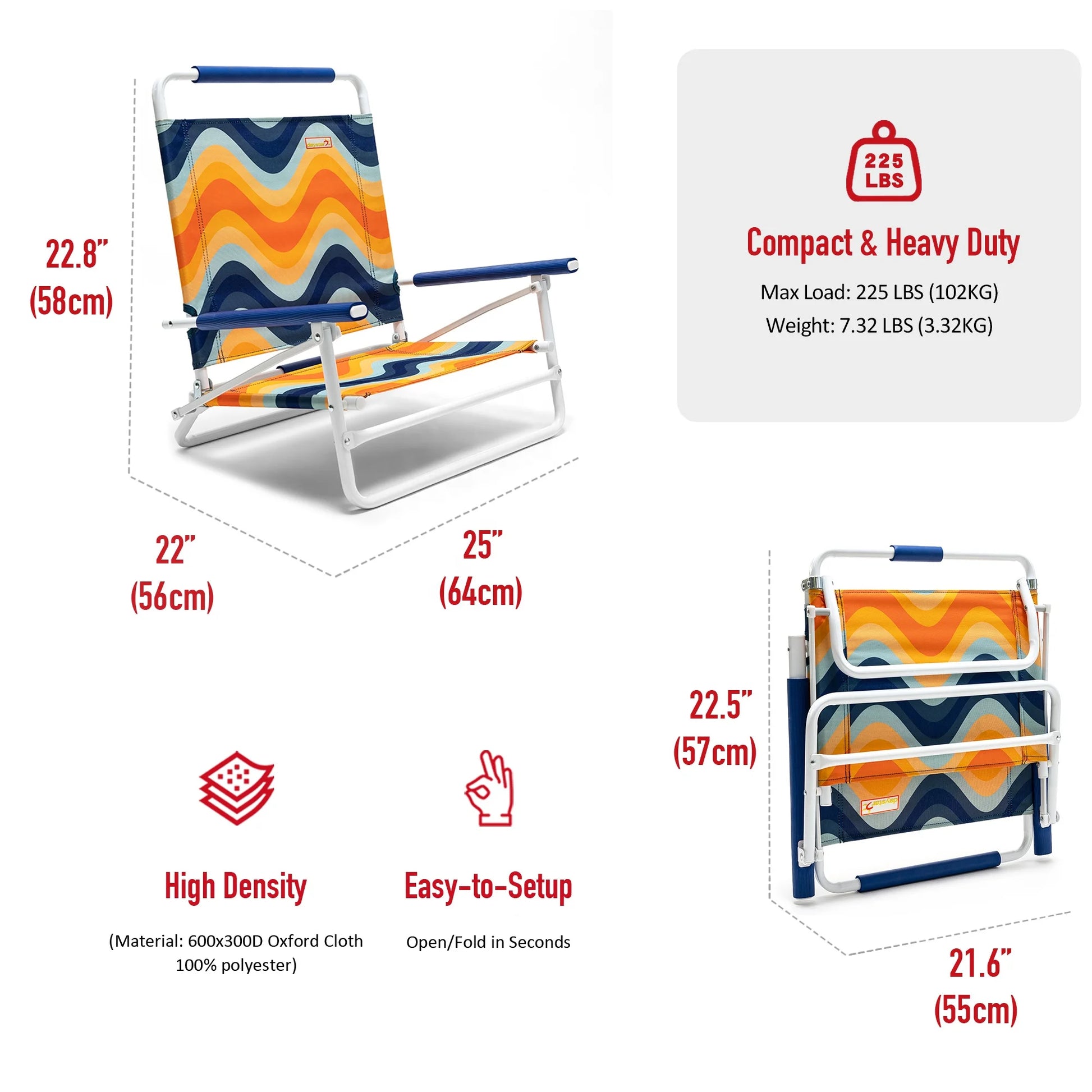 SunnyFeel Orange Wave Color Low Folding Beach Chair,1 Position Lightweight and Portable Outdoor Camping Chair Heavy Duty 300 LBS