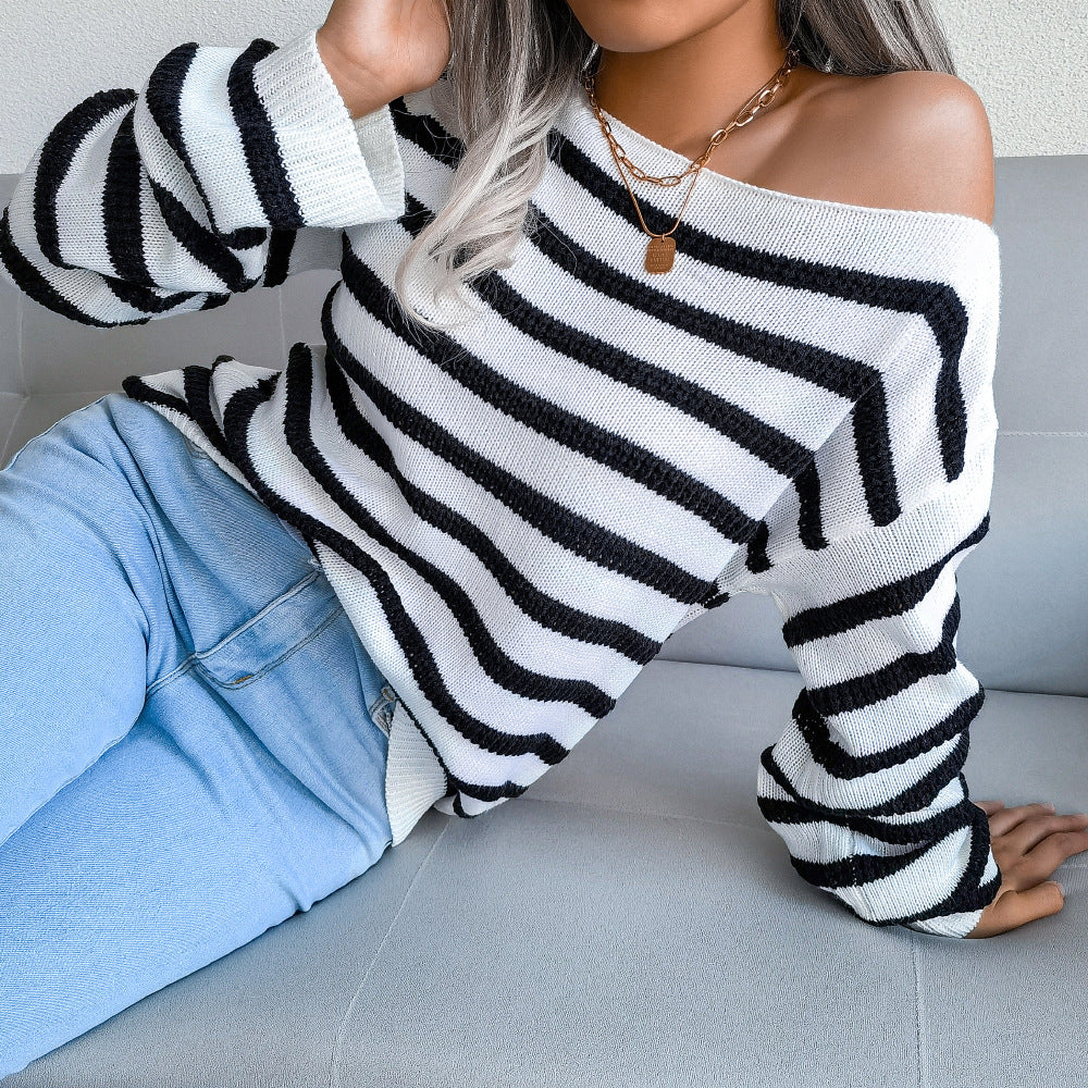 Women's straight neck off shoulder casual loose stripe knitted sweater