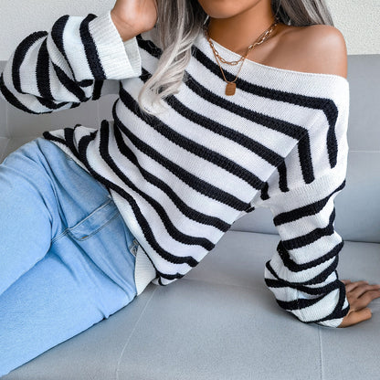 Women's straight neck off shoulder casual loose stripe knitted sweater