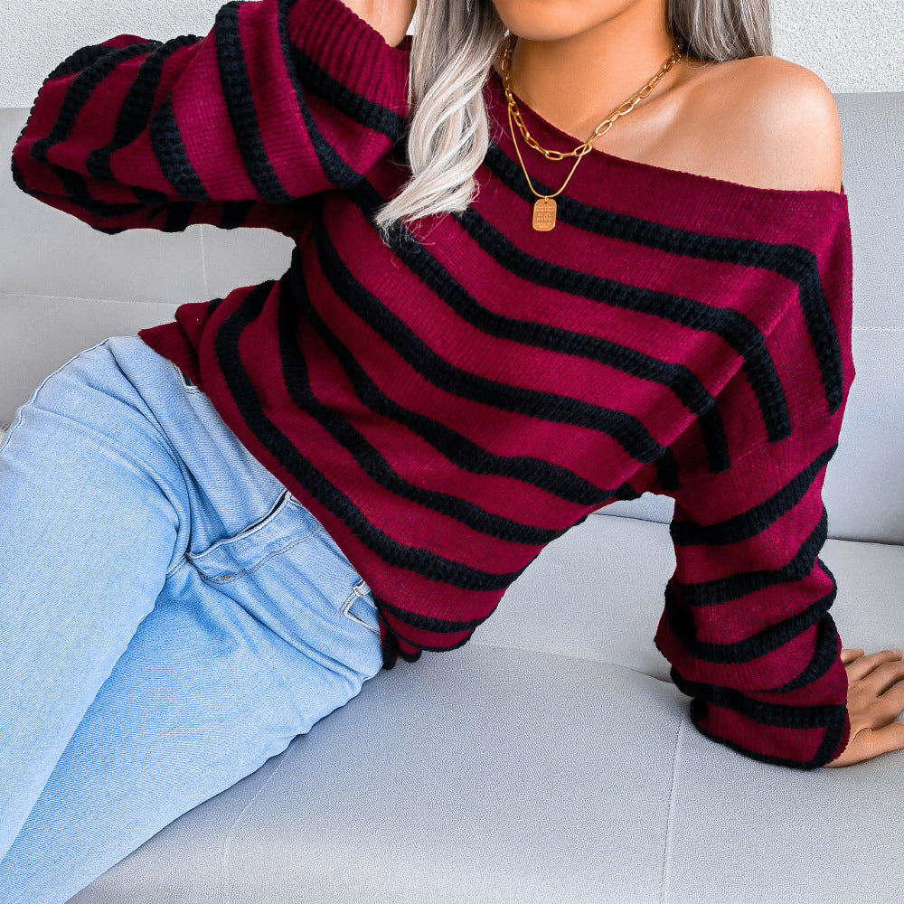 Women's straight neck off shoulder casual loose stripe knitted sweater